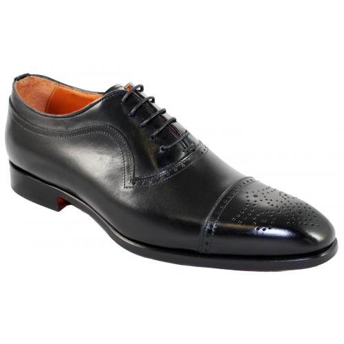 Emilio Franco 602 Black Genuine Calf Medallion Cap Toe Oxford Shoes.